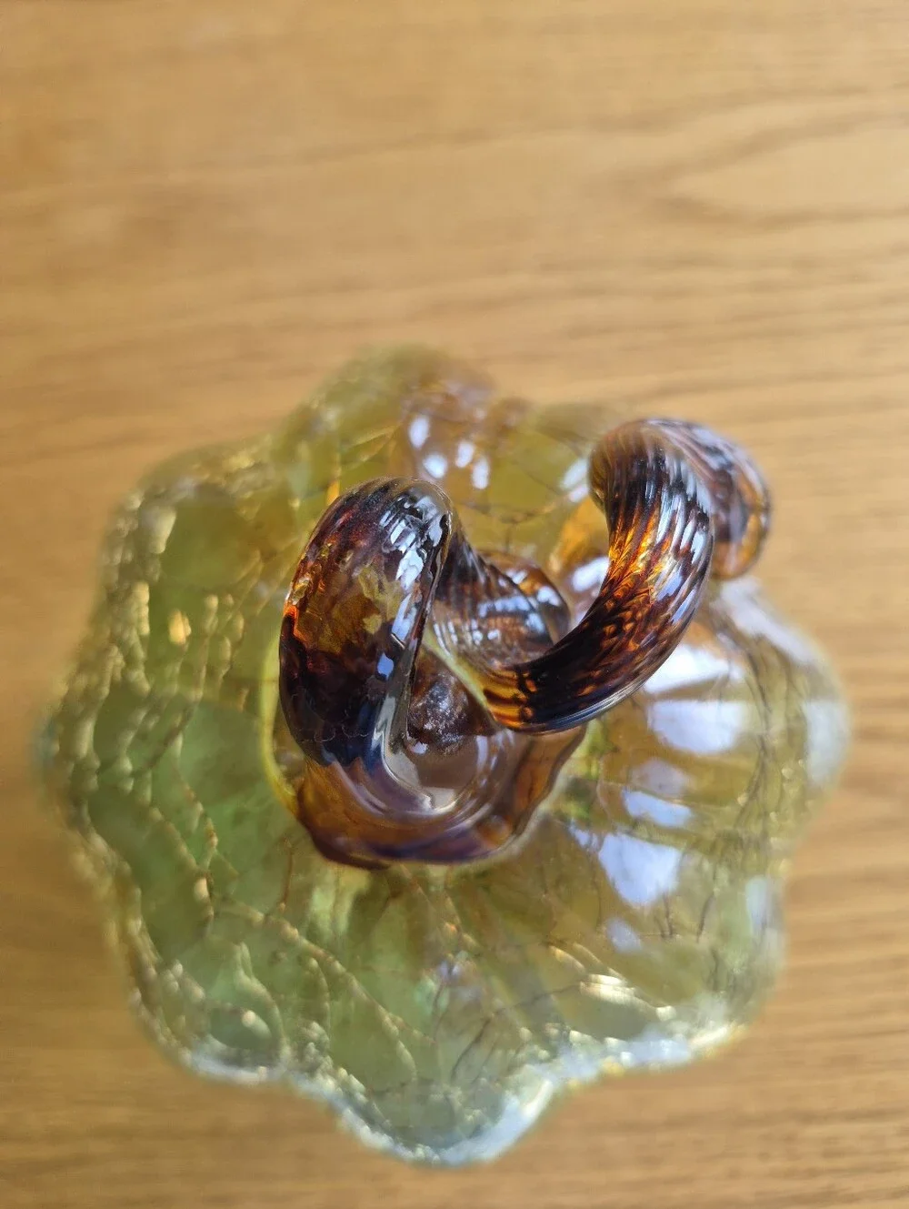 Hand Blown Green Crackle Glass Pumpkin Amber Stem Fall Decor